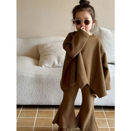 3-4Y [Stylish Girls Outfit] Stylish Girls Fall New Arrivals Loose Fit Cape Style Top & Flared Pants Set | Trendy Spring-Autumn Outfit, Perfect for Outdoor