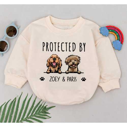 Personalised Dog Baby Romper, Baby Pet Outfit, Custom Pet Portrait Drawing, Protected By Dog Baby, Newborn Baby Clothes, Baby Shower Gift