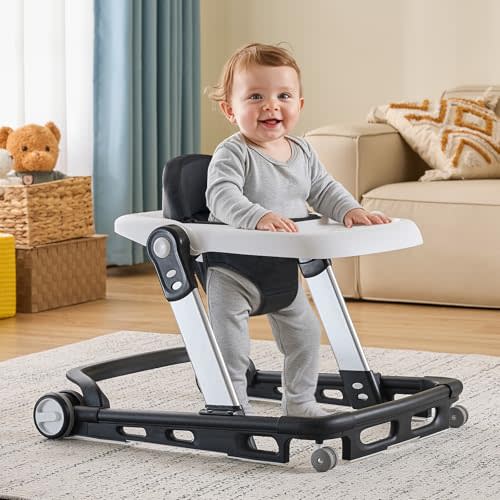 HARPPA Baby Walker with Wheels, 3 in 1 Foldable Infant Walker with 3 Adjustable Heights, Removable Tray, Anti-Fall Design, Toddler Walker for Boys & Girls 6–18 Months, Black