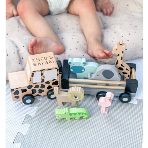 Personalised Wooden Safari Jeep Toy with Trailer and Animals | Children's Birthday Gift | Safari Toys | Wooden Animals | Toddler and Baby