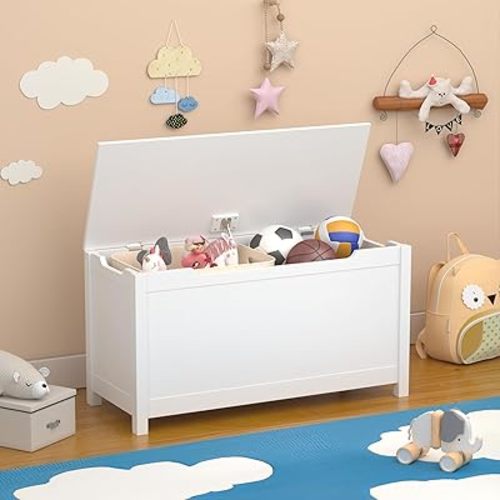 Toy Chest for Kids, Wooden Toy Box Storage with Safety Hinged Lid, Kids Toys Chest Storage Organizer for Playroom, Bedroom, Montessori Classroom Furniture for Girls Boys Ages 2+, White