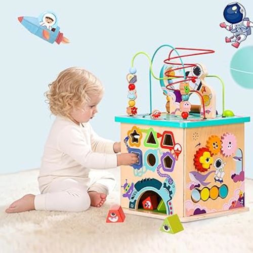 Pre-Assembled 9 in 1 Large Wooden Activity Cube. Educational Learning Toy for Kids with Bead Maze, Shape Sorter and Music Gears and More. for Toddlers 18 M+. Birthday Gifts for Boys and Girls