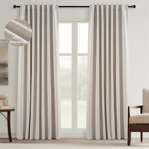 Topfinel Black Out Rustic 96 Inch Long Linen Curtains 2 Panel Set, Modern Farmhouse Greige Grey Curtains for Living Room, Room Darkening Tab Top Noise Reduction Textured Drape 8FT Hook&Ring Included