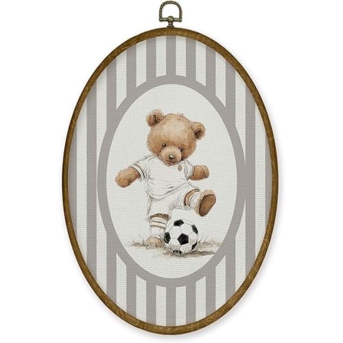 JMENGSSFL Soccer Bear Nursery Oval Wall Art Decor, Sports Canvas Prints, Vintage Bear Playing Soccer Neutral Striped Animal Framed Wall Art for Kids Boy Toddler Room Playroom Decor, 8.6x11.4 Inch