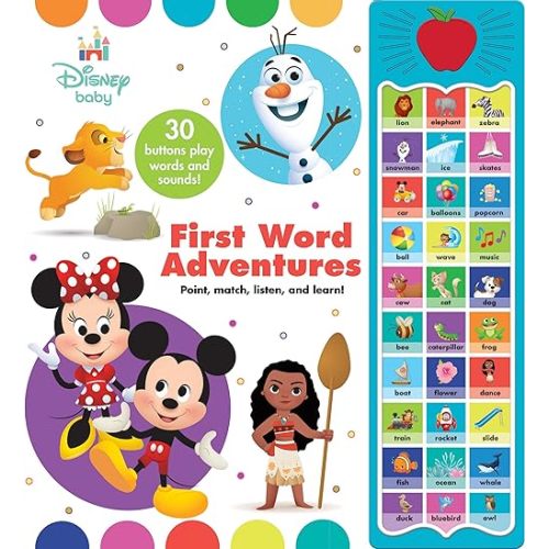 Disney Baby Mickey Mouse, Minnie, Frozen, Moana, and More! - First Word Adventures: Point, Match, Listen, and Learn! 30-Button Sound Book - Great for First Words - PI Kids Hardcover – Sound Book, May 14, 2024