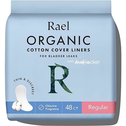 Rael Incontinence Liners for Women, Organic Cotton Cover, Postpartum Essential, Moderate Absorbency, Bladder Control, 4-Layer Core with Leak Guard Technology (Regular, 48 Count)