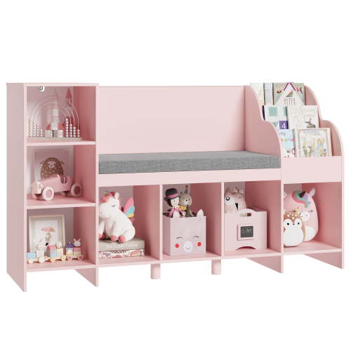 Homfa Kids Bookcase with Reading Nook, Wooden Kids Bookshelf and Storage Toy Cube Organization with Adjustable Shelf, 31.5'' H x 54.5'' W, Pink