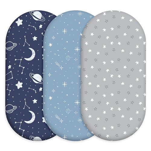 Baby Bassinet Sheets Girl Boy, 3 Pack Fitted Bassinet Sheet | Breathable Cozy Bassinet Mattress Sheet, Changing Pad Covers for Halo Bassinest Swivel Sleeper,, 32" x 16", Navy Blue Planet