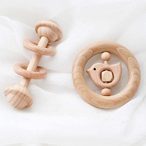 2pc Set Wooden Teether Rattle Toys Beech Wood Teething Ring Montessori Bird Shape Grasping Toddler Toys