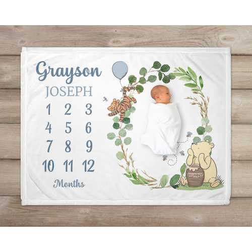 Personalized Classic Winnie the Pooh Baby Boy Milestone Blanket, Custom Girl First Year Blanket, Newborn Age Blanket, Infant Month Blanket