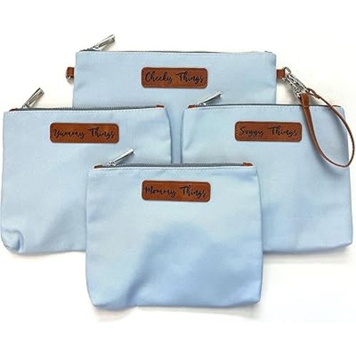 Stylish Diaper Bag Organizing Pouches - XL Set of 4 Light Blue Canvas Diaper Bag Pouches with Leather Embossed Labels, Leather Wristlet Strap & Durable Metal Zippers