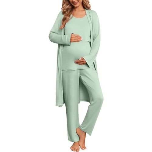 Ekouaer Nursing Pajamas Maternity Robe Set 3 Pieces Postpartum Maternity Pajama Set Pregnancy Breastfeeding Pj Light Green L
