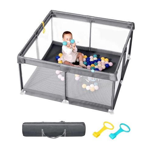 [Upgraded] dearlomum Baby Playpen, 50"x50" Sturdy Baby Playard with Thickened Steel Pipes, Indoor & Outdoor Anti-Slip Safety Fence with Soft Mesh for Toddlers (Gray)