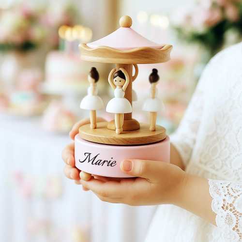 Personalized Carousel Ballet Dancer Music Box – Wooden Baby Girl Keepsake Gift