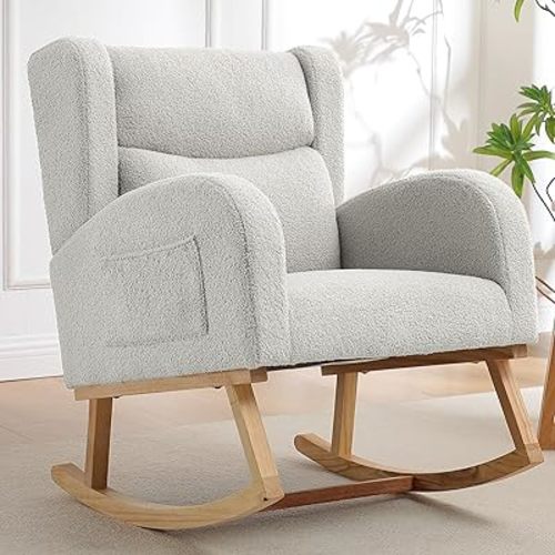 Nursery Rocking Chairs Upholstered Rocking Chair for Nursery Cozy High Backrest Modern Indoor Rocking Chair for Living Room Bedroom Adults (Teddy Light Gray)