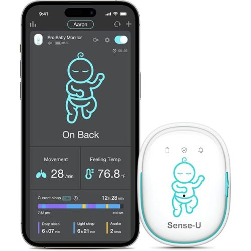 Sense-U Pro Baby Breathing Movement & Sleep Position Monitor with Gentle Vibration Alerts, Temperature Notifications, Audible & App Alerts, Sleep Analysis, Long Battery Life, Easy Clip-On Design