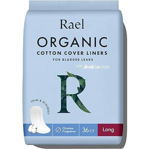 Rael Incontinence Liners for Women, Organic Cotton Cover, Postpartum Essential, Moderate Absorbency, Bladder Control, 4-Layer Core with Leak Guard Technology (Long, 36 Count)