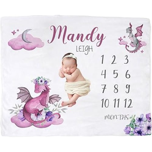Personalized Baby Milestone Blanket for Girls, Custom Newborn Baby Girl Blanket with Name, Purple Dragon Baby Milestone Monthly Blanket for Shower Gift, Monthly Baby Milestone Blanket