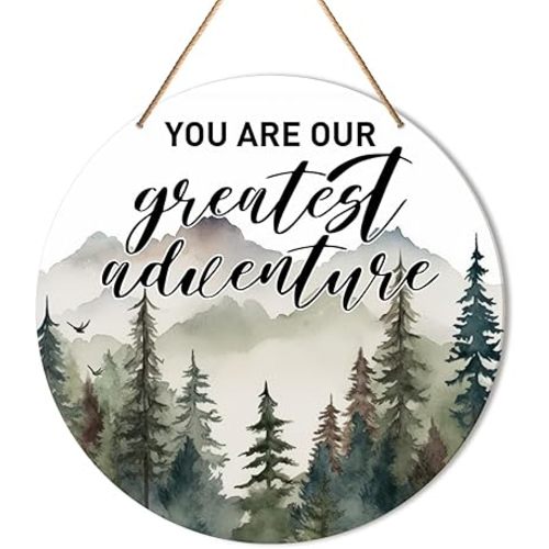 Baby Boy Nursery Wall Decor, Woodland Nursery Hanging Sign Decor Forest Mountain Wall Decoration Wood Sign for Kids Bedroom, Playroom, Gift for Newborn Baby Boy Toddler, You Are Our Greatest Adventure