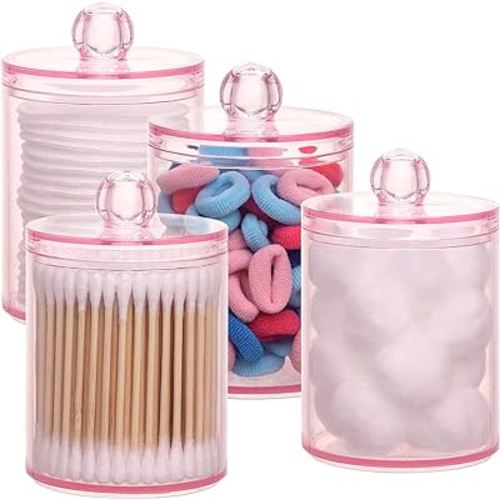 Tbestmax 4 pcs Qtips Holder Bathroom Container, 10 OZ Apothecary Jar, Pink Cotton Ball/Swabs Dispenser Organizer for Storage