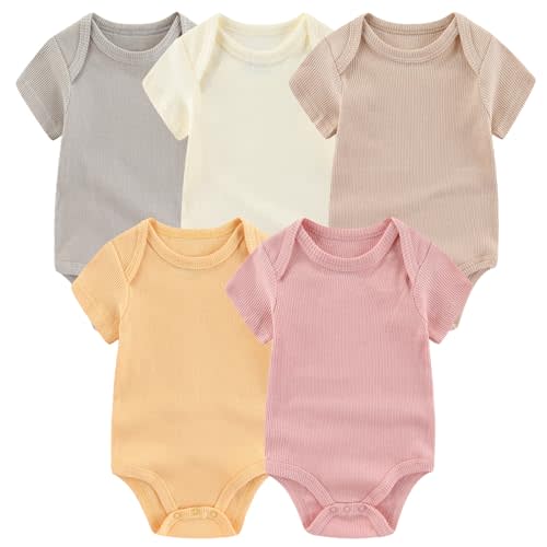 MAMIMAKA Newborn Baby Short Sleeve Bodysuit Cotton One-Piece Baby Clothes 5-Pack, 0-12 Months