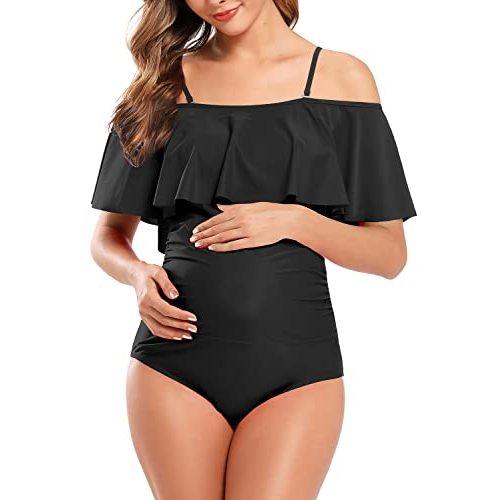 SHEKINI Women's Off-Shoulder Maternity Swimsuits Ruffle Pregnancy One Piece Bathing Suit