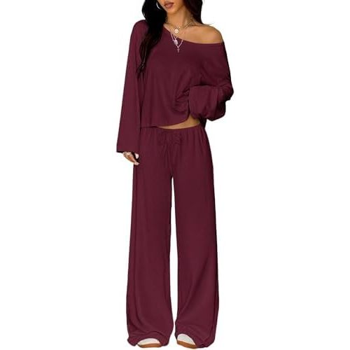 Women’s 2-Piece Lounge Set with Long Sleeve Top and Wide Leg Pants - Soft Brushed Knit Coordinated Outfit