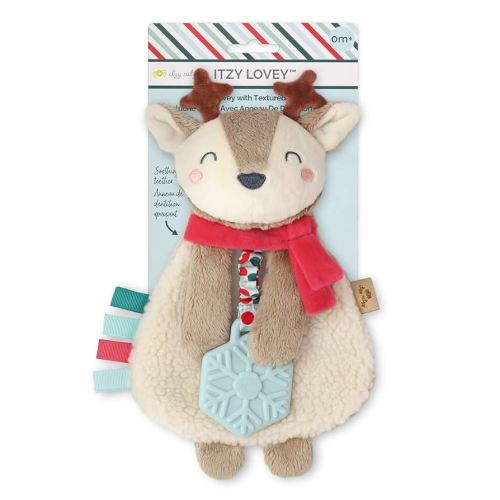 Itzy Ritzy - Itzy Lovey Including Teether - Baby Lovey with Teether, Textured Ribbons & Dangle Arms - Features Crinkle Sound, Sherpa Fabric and Minky Plush (Jolly The Reindeer)