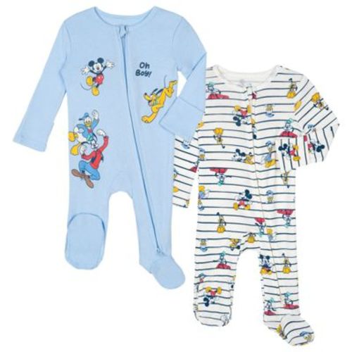 Disney Mickey Mouse Baby Boys' 2-Pack 2-Way Zip-Up Striped Footed Sleeper Coveralls Friends Blue 0-3 Months