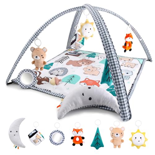 The Peanutshell Unisex Baby Play Gym & 7-in-1 Play Mat - Playmat Baby Toys 0-6, 6-12 Months Tummy Time Mat with Hanging Toys, Soft Padded for Newborns, Infants - Woodland