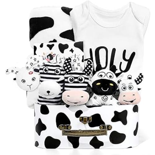 Baby Shower Gifts, Baby Gift Set for Newborn, Black and White High Contrast Baby Montessori Toys 0-6 Months Infant Rattle Socks Blanket Onesies, New Baby Gifts Basket for Girls Boys