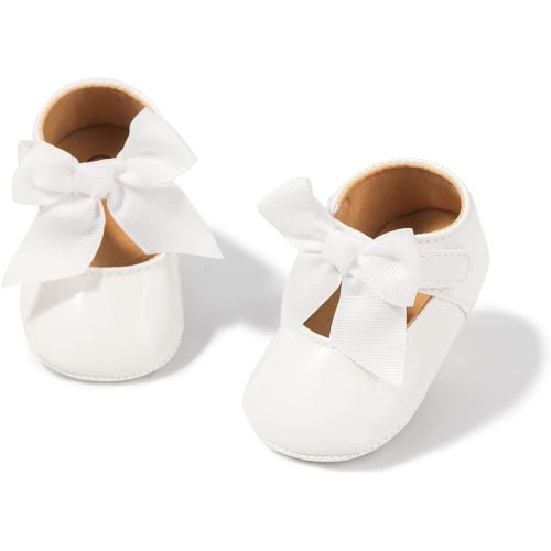 Bellocasa Baby Mary Jane Flats for Girls with Bowknot Cotton Anti Skid Sole Infant First Walker Princess Dress Crib Wedding Shoes(JY1978 White,1)
