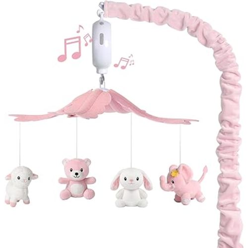 Baby Crib Mobile for Girls, Soft Plush Woodland Characters Rabbit Elephant Bear Sheep, Pink and White Nursery Decor, Calming Soother with 12 Lullabies Essential and Perfect Gift for Girls