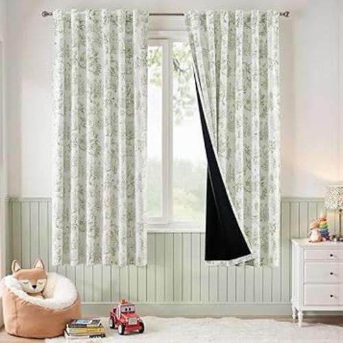 jinchan Blackout Nursery Curtains 72 Inches Long, Bunny Woodland Toile Curtains Sage Green on Beige Animal Printed Drapes for Bedroom Rod Pocket Thermal Insulated Farmhouse Window Treatment 2 Panels