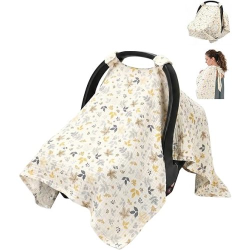 Metplus Muslin Car Seat Cover Baby & Nursing Cover, Soft Breathable Infant Carseat Covers for Summer, Windproof Car Seat Canopy for Boys Girls (Leaves)