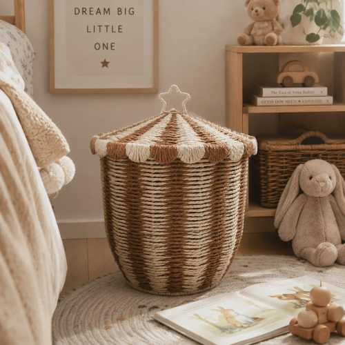 Handmade Circus Tent Woven Basket, Yellow Gray Striped Storage Basket, Boho Nursery Organizer, Cat Hideaway, Laundry Hamper, Custom Wicker
