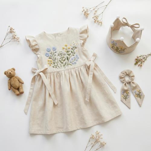 Hand Embroidered Wildflowers Linen Dress with Bow,  Soft Linen Dress, Toddler Linen Dress, Custom Birthday Dress, Ribbon Tie Dress for Girls