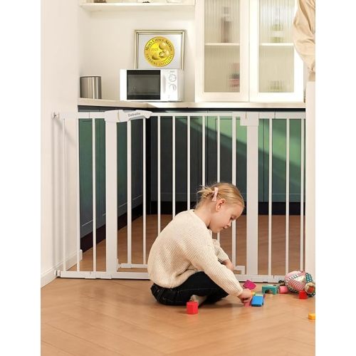 Babelio Metal Baby Gate, 29-48“ Auto Close Easy Install Pet Gate, Extra Wide Walk Thru Child Safety Gate, Pressure Mounted Dog Gate for Doorways & Stairs, with Y Spindle Rods, White