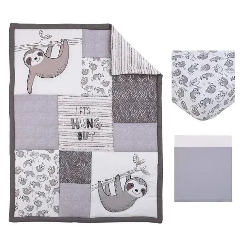 Little Love by NoJo Sloth Let's Hang Out Grey, White and Charcoal 3 Piece Nursery Crib Bedding Set - Comforter, Crib Sheet, Dust Ruffle