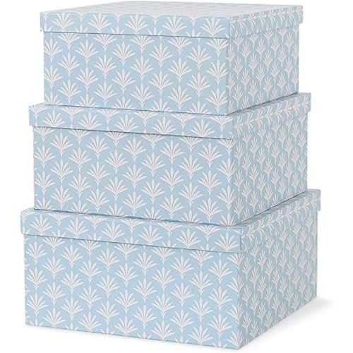 Soul & Lane Set of 3 Decorative Boxes with Lids, Square 11" x 11" Nesting Cardboard Storage for Home Décor in Blue, Keepsake and Memory Boxes for Organizing, Deco Sky