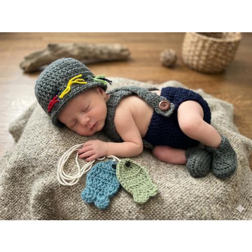 Fisherman Newborn Photoshoot Outfit Handmade Crochet Hat Diaper Cover Booties and Fish Prop