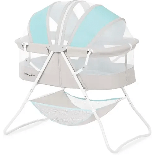 Dream On Me Karley Portable Newborn Bassinet with Double Mesh Canopy, Foldable Travel Bassinet with Storage Basket, Lightweight, Indoor Outdoor Use, Blue/Grey