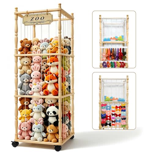 Stuffed Animal Storage Organizer with Wheels - 54" Tall Wooden Roman Column Zoo Shelf Unit, Mesh Pockets & Hooks for Plush Display and Room Decor