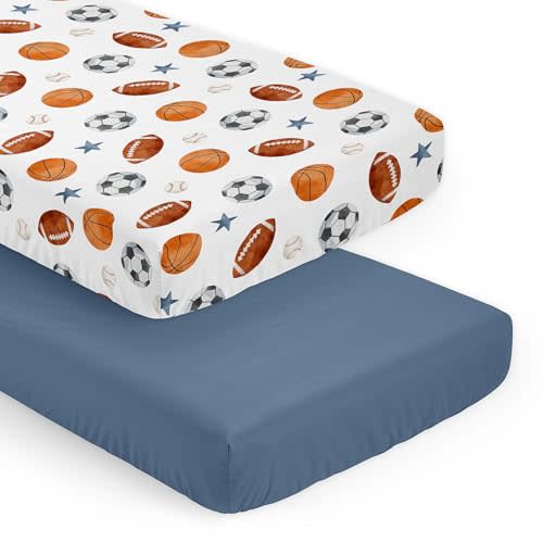Sweet Jojo Designs 2-Piece Baby Crib Sheets Set (Vintage Sports Theme) for Boys, Infant Nursery, Toddler Room -Fitted, Standard Size (Solid Steel Blue and Soccer Balls, Football, Baseball, Basketball)