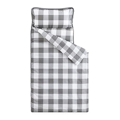 Wake In Cloud - Toddler Nap Mat with Pillow and Blanket, for Kids Boys Girls Ages 3 Plus in Kindergarten Daycare Preschool, Roll Up Sleeping Bag, Gingham Plaid Grid