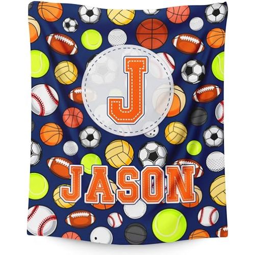 Gift for Boys, Personalized Sport Throw Blanket with Initial for Kids Toddler Teens Sports Lovers, Custom Soft Fuzzy Blankets for Bed Couch Sofa Decor(4 Sizes Optional)