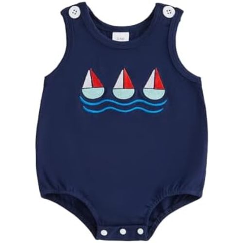 Infant Baby Boy Outfit Sailboat Embroidery Crewneck Sleeveless Bubble Romper Infant Bodysuit Newborn Summer Clothes