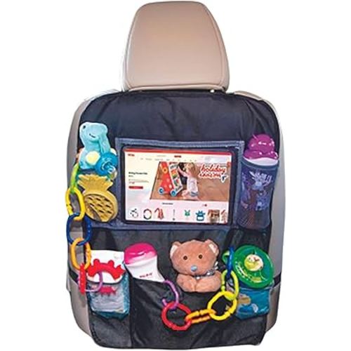 Nuby Backseat Car Organizer Set: Organizer with Tablet Holder, Storage Pockets and 5 Linkable Hooks for Attaching Accessories | Easy to Clean Black