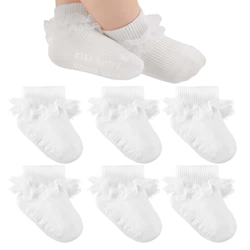 Baby Girl Ruffle Eyelet Double Lace Turn Cuff Socks | Ankle Frilly Socks Soft Cotton Dress Socks for Newborn Infant Toddler