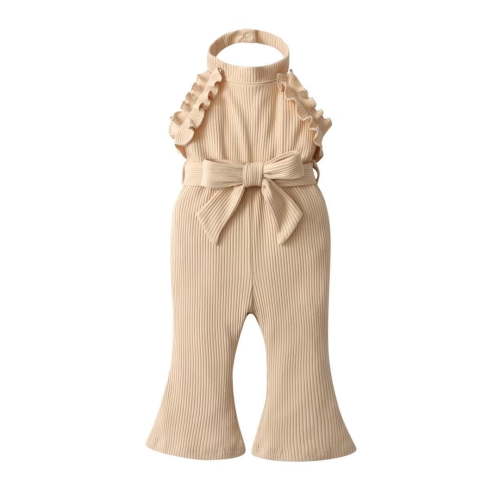 Infant Baby Girl Clothes Solid Jumpsuit Sleeveless Ruffle Halter Bodysuit Bell-Bottoms Pants Outfits Set Khaki 9-12 Months